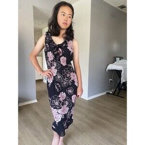 VTG Papell Boutique Evening Black & Pink 100% Silk Floral  Raffles Dress Size 6